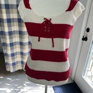NEVADA: New Red and White Stretch Cap Sleeve top, Size M